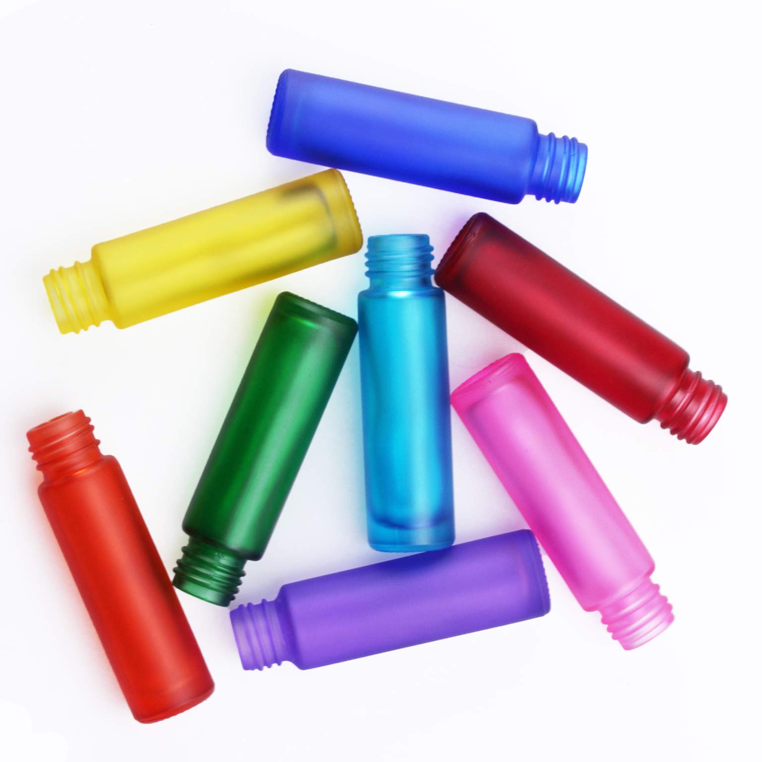 8Pcs 10ml(1/3oz) High-grade Colorful Frosted Roll on Bottles Thick Glass Massage Roller Bottles Tube Vials Containers for Essential Oils, Aromatherapy, Perfumes and Lip Balms+ 1pc 3ml Dropper