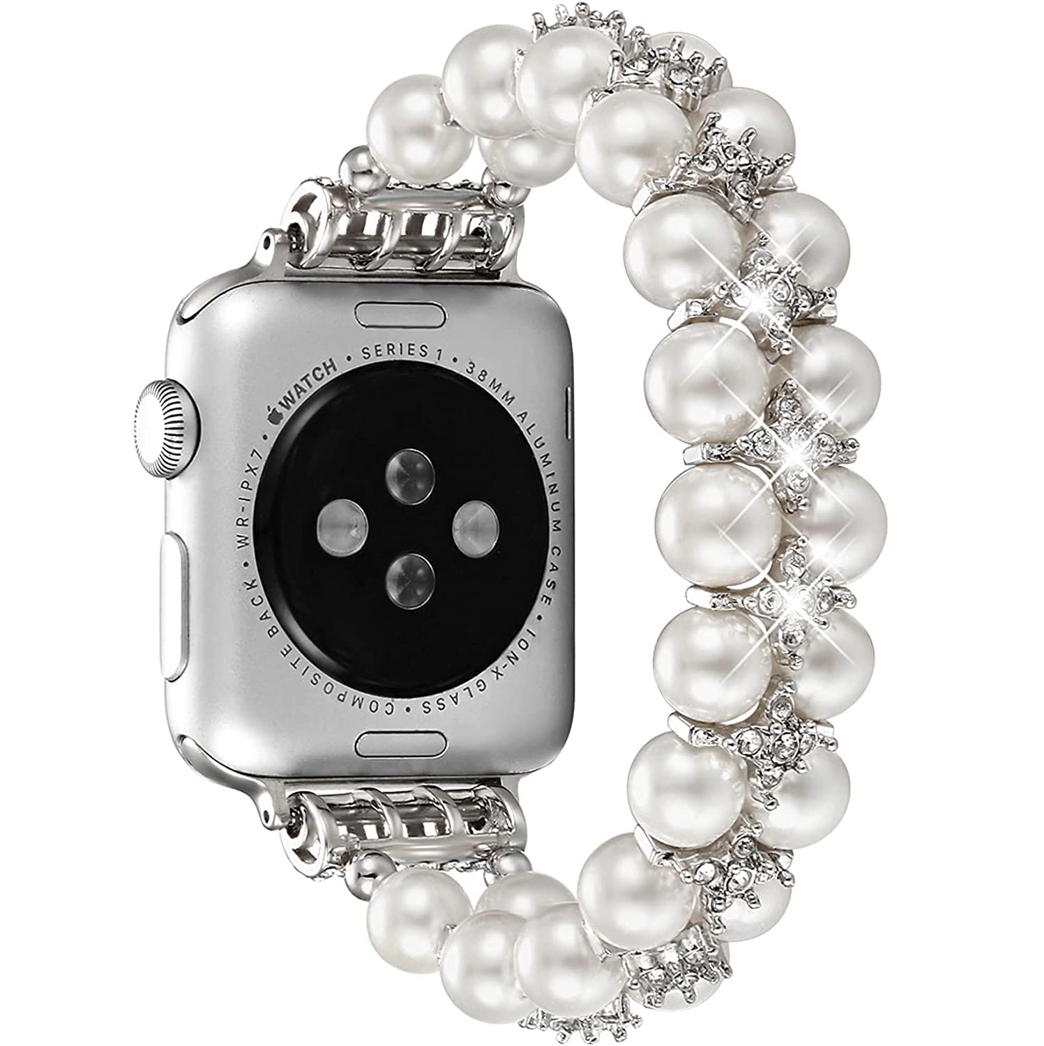 fastgo Compatible with Apple Watch Band Pearl Series 9 8 41mm, Women Fancy Handpicked Beaded Elastic Bracelet, Jewelry Stretch Pearl Strap for Iwatch SE Series 8/7/6/5/4/3/2/1(Pure White, 38/40/41mm)