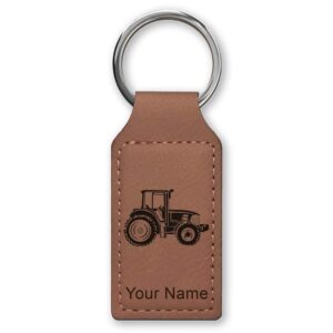 LaserGram Rectangle Keychain, Farm Tractor, Personalized Engraving Included (Dark Brown)