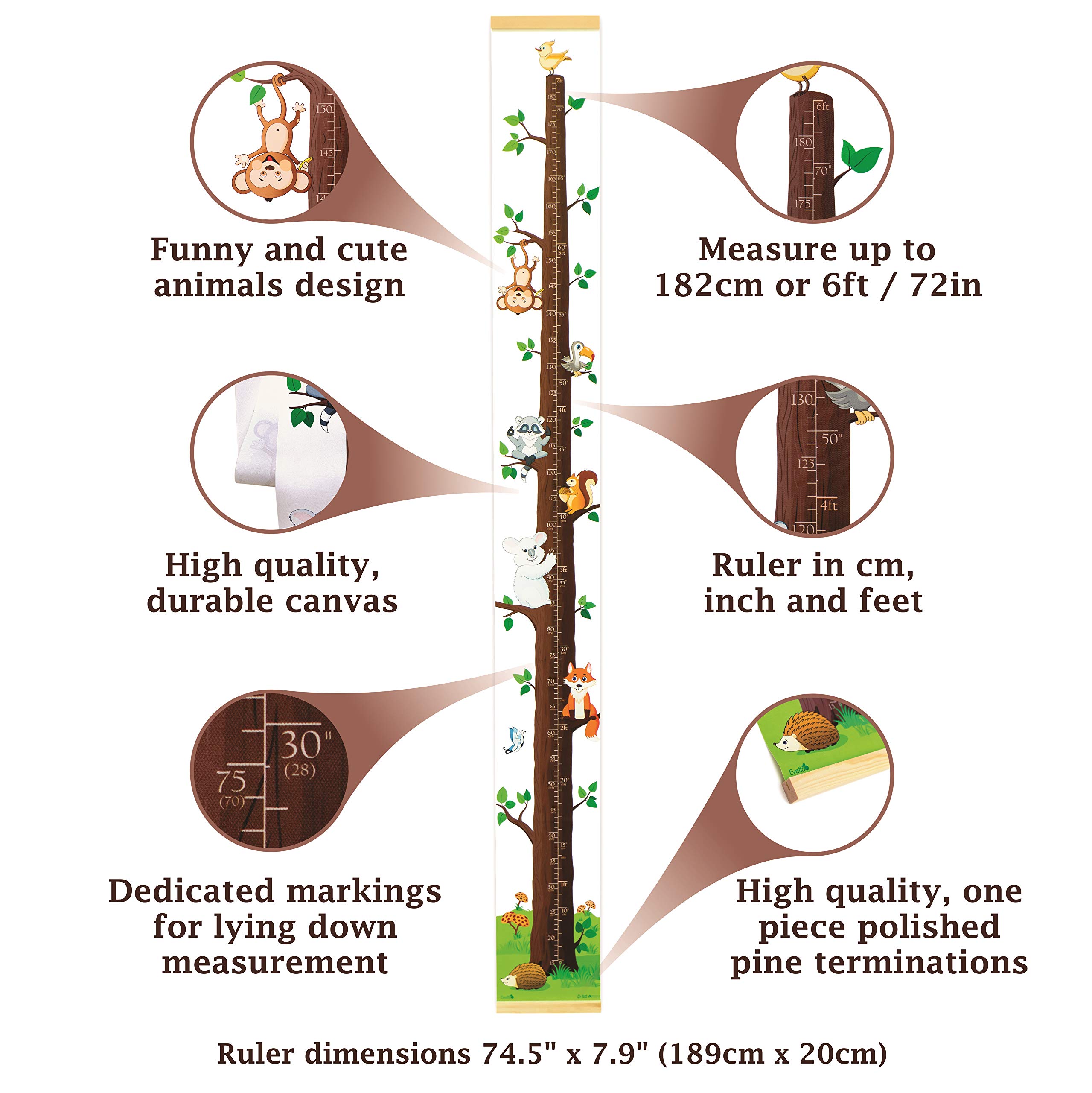 Evelto Height Growth Chart for Kids - Measuring Canvas Ruler, Funny Colorful Animals Design, Nursery Hanging Wall Decor for Boy Girl, Perfect Baby Shower Newborn Gift, Size in Foot Inches Centimeters