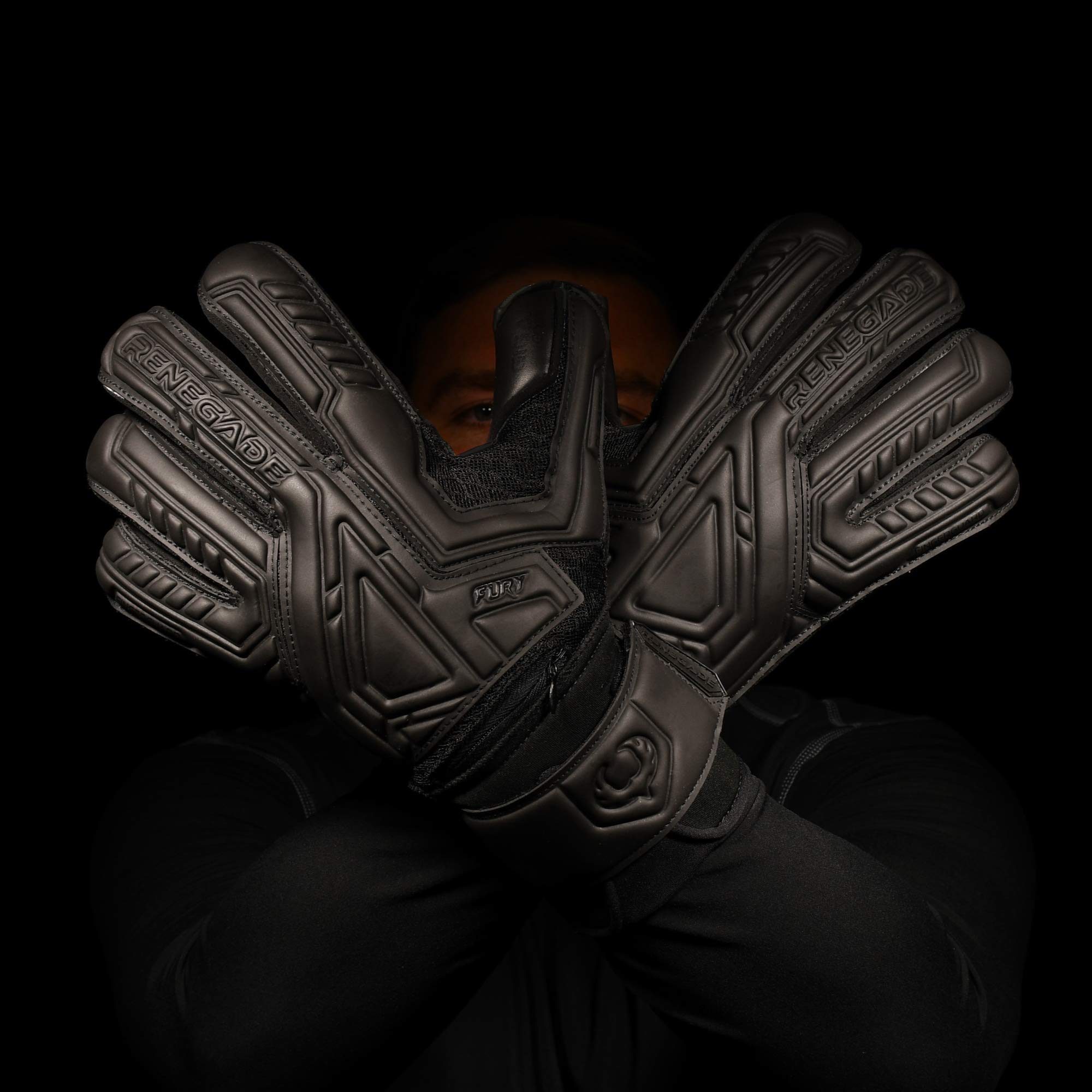 Renegade GK Fury Nightfall Goalie Gloves with Pro-Tek Fingersaves | 4mm Giga Grip & 4mm Duratek | Black Goalkeeping Gloves (Size 9, Youth-Adult, Roll Cut, Level 4)