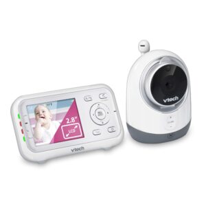vtech vm3253 video monitor with 2.8" auto on screen, invisible led infrared night vision, 2-way talk, sound & temperature alert, lullabies, up to 1000ft range, plug&play system with wall-mount bracket