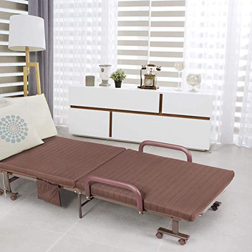 Giantex Folding Bed with Mattress, Foldable Portable Guest Bed w/Adjustable 6 Position & Side Storage Pocket, Fold up Bed on Wheels for Home, Roll Away Beds with Mattresses for Adults, Brown