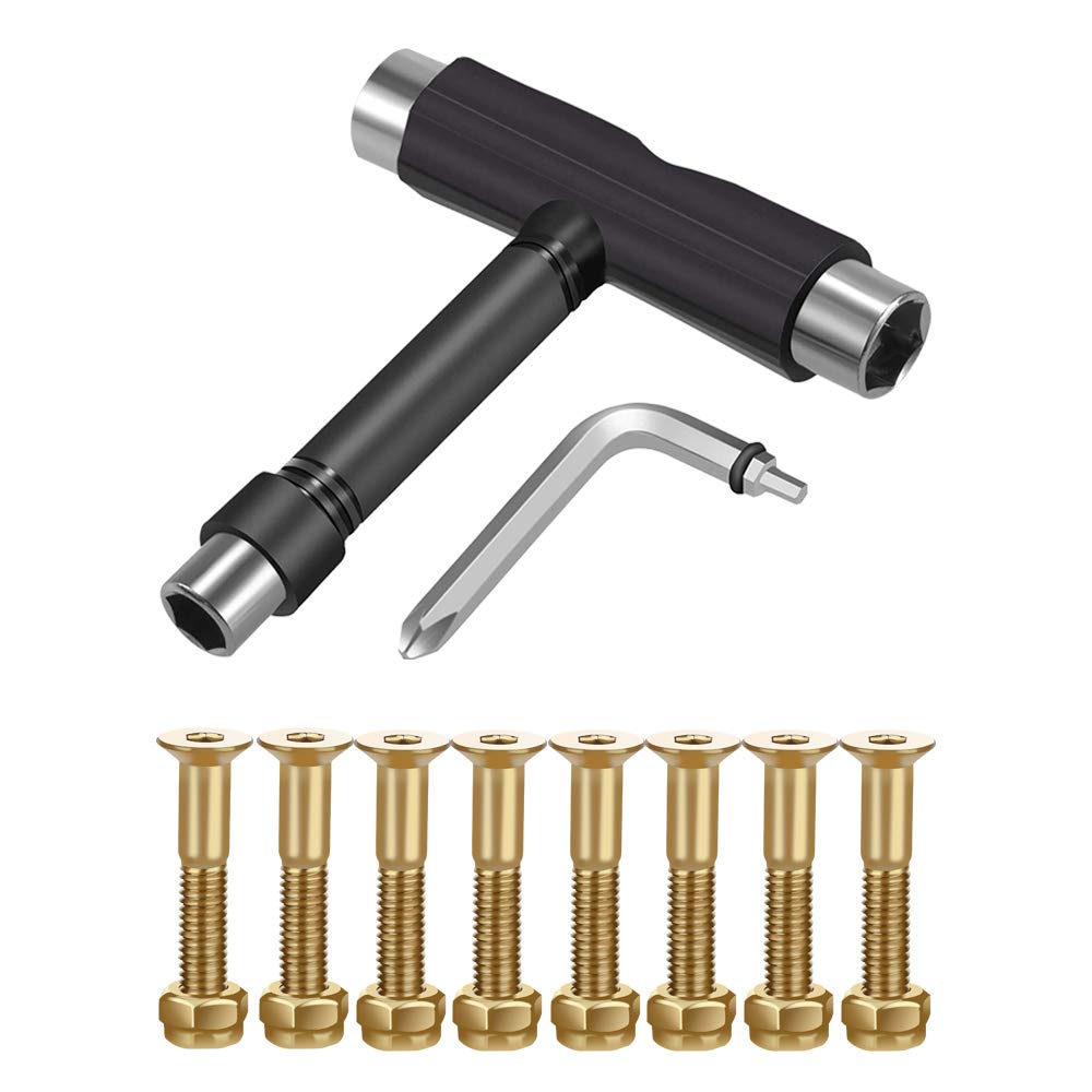 Skateboard Hardware 8PCS Bolts Set and All-in-One Skate Tools Portable Skateboard T Accessory with Tool L-Type Phillips Head Wrench Screwdriver