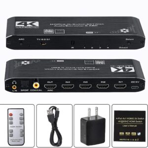 HDMI Switch 4x1 with Optical SPDIF/Coaxial/ 3.5mm L/R Audio Extractor, 4 in 1 Out 4K@60Hz HDMI Switcher Support HDMI 2.0b HDCP 2.2, ARC Function for Xbox, PS4,Blu-Ray Player (with Remote Control)