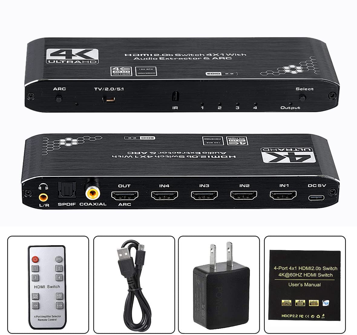 HDMI Switch 4x1 with Optical SPDIF/Coaxial/ 3.5mm L/R Audio Extractor, 4 in 1 Out 4K@60Hz HDMI Switcher Support HDMI 2.0b HDCP 2.2, ARC Function for Xbox, PS4,Blu-Ray Player (with Remote Control)