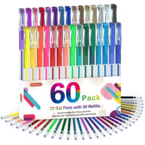 shuttle art gel pens, 60 pack gel pen set 30 colored gel pen with 30 refills for adults coloring books drawing doodling crafts scrapbooking journaling
