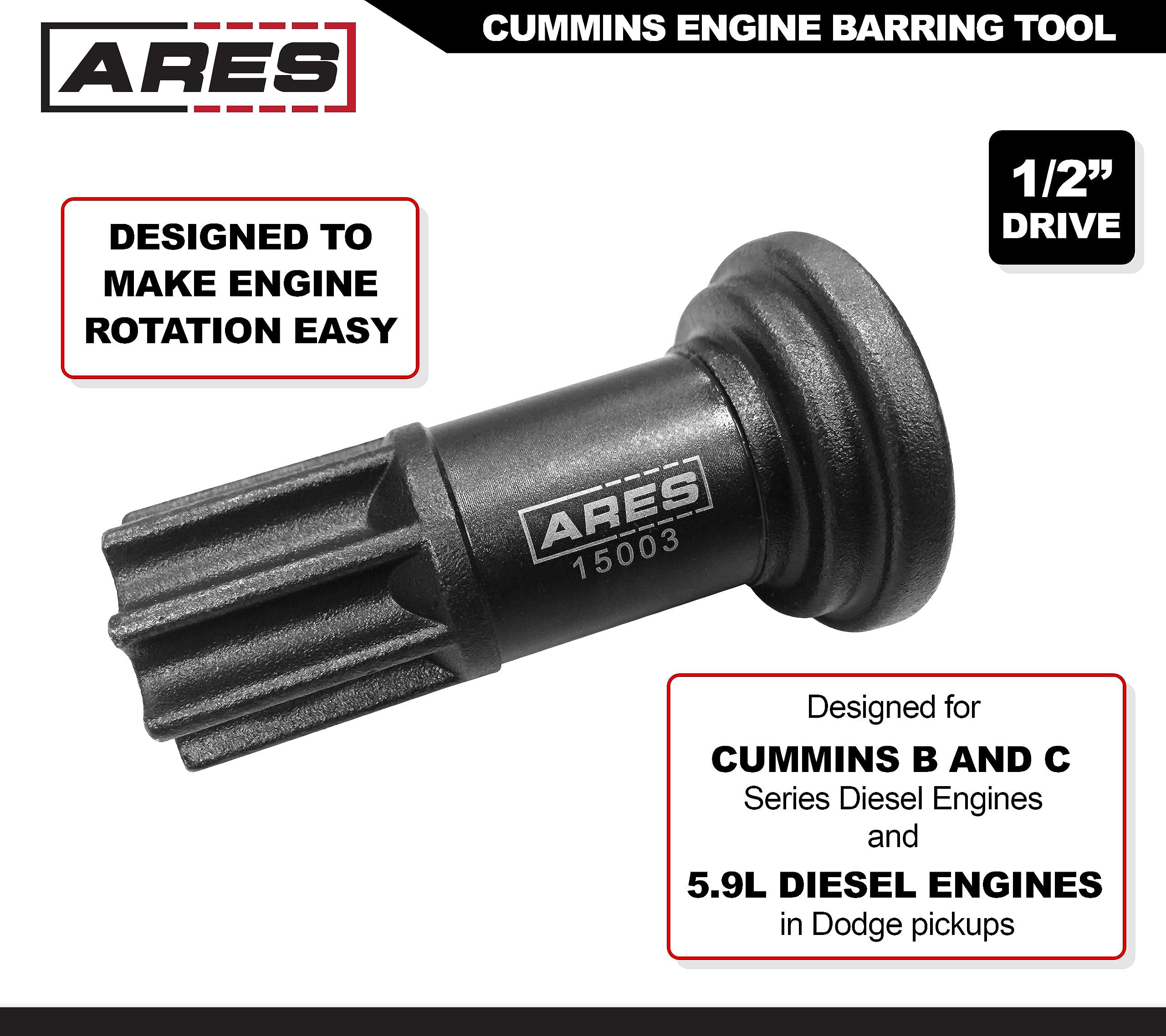 ARES 15003 - Engine Barring Tool for Cummins - Makes Engine Rotation Easy - Use with Cummins B and C Series Diesel Engines and Use with Dodge Pickup 5.9-Liter Diesel Engines