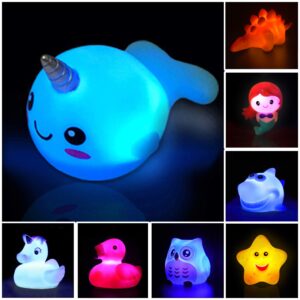 jomyfant bath toys (8 packs rubber animals toys) light up floating rubber toys flashing color changing light in water bathtub shower games toys for baby kids toddler child