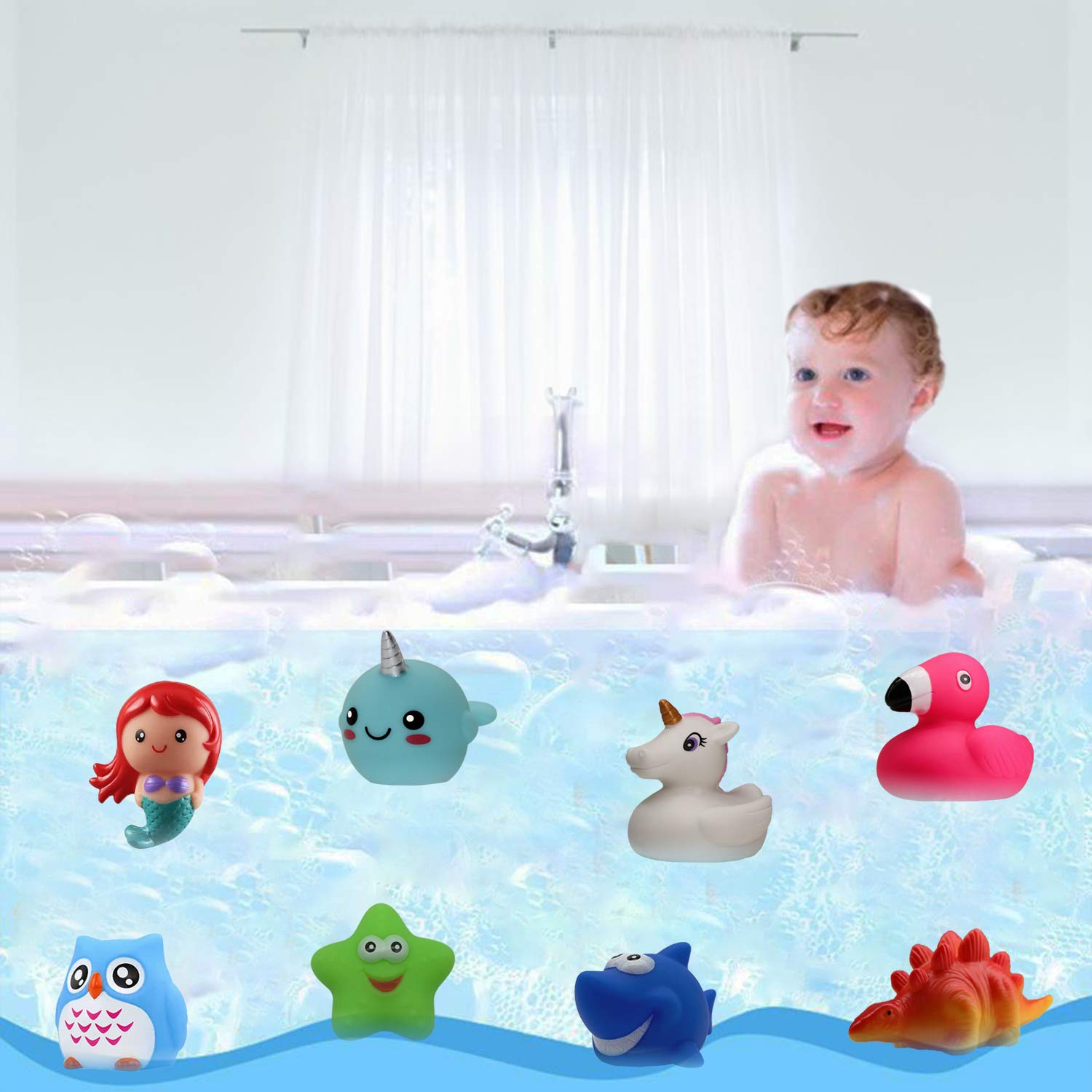 Jomyfant Bath Toys (8 Packs Rubber Animals Toys) Light Up Floating Rubber Toys Flashing Color Changing Light in Water Bathtub Shower Games Toys for Baby Kids Toddler Child