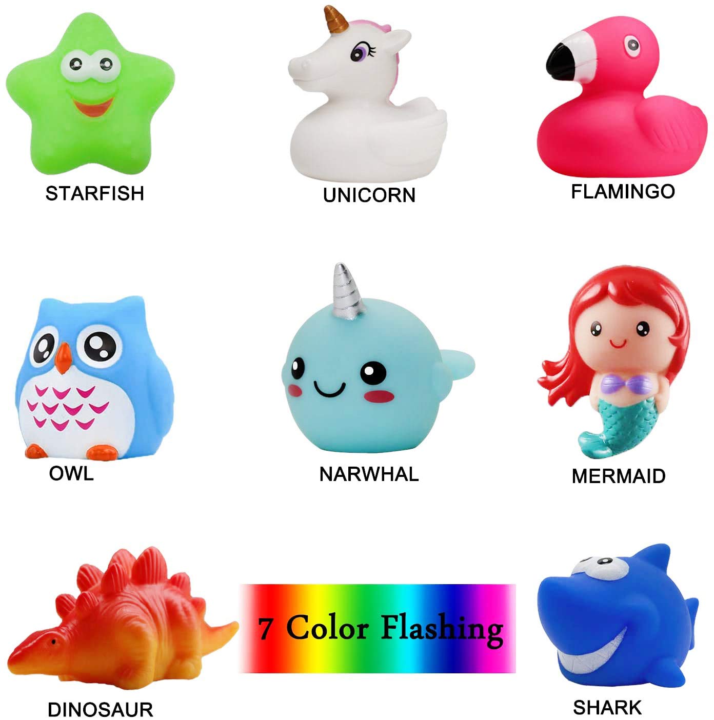 Jomyfant Bath Toys (8 Packs Rubber Animals Toys) Light Up Floating Rubber Toys Flashing Color Changing Light in Water Bathtub Shower Games Toys for Baby Kids Toddler Child