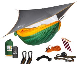 ryno tuff xl 2 person camping hammock with mosquito net & rain fly - compact double hammock with bug net, tarp, pocket, tree straps & heavy duty carabiners - parachute grade nylon holds over 600lbs