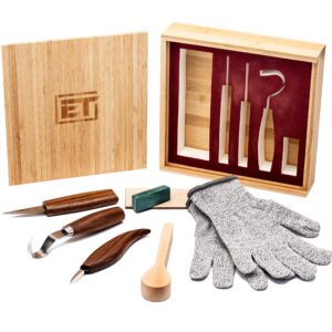 elemental tools 9pc wood carving tools set - hook carving knife, whittling knife, detail wood carving knife for spoon, bowl, kuksa cup or general woodwork - bonus cut resistant gloves and bamboo box