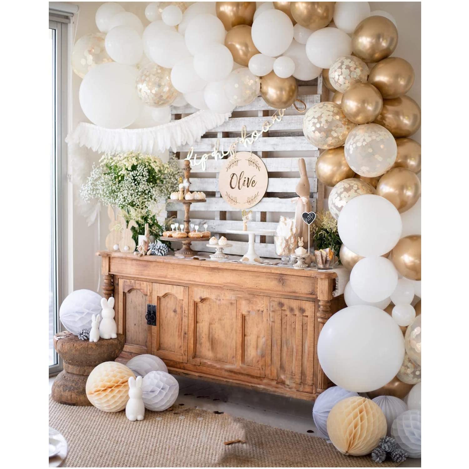 White and Gold Balloon Garland Kit, 60PCS Balloon Garland Including White, Chrome Gold & Confetti Balloons Decorations Backdrop Ideal for Wedding Birthday Baby Shower Bridal Party Decorations