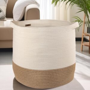goobloo woven blanket basket - 17" x 17” - large tall decorative laundry hamper with handles - cotton rope storage for baby nursery or living room