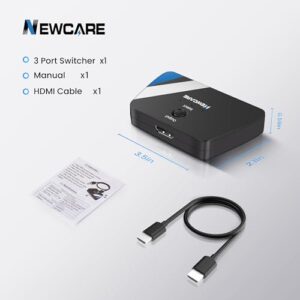 [Upgrade]NEWCARE HDMI Switch 3 in 1 Out, 4K@60Hz HDMI 2.0 Switch Splitter with 2.6FT HDMI Cable, 3-Port HDMI Switcher Selector, Supports 4K 30Hz 3D 1080P HDCP2.2 for PS5 Xbox DVD Player Fire Stick PC