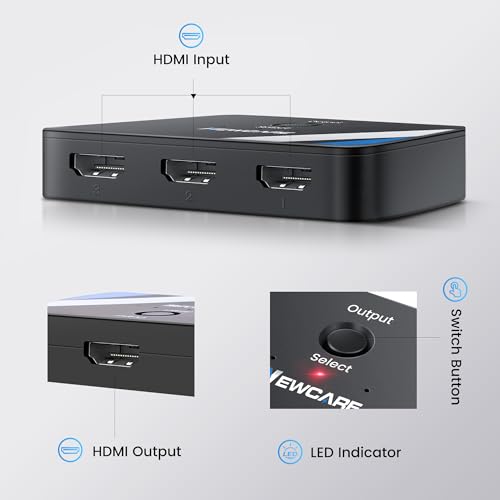 [Upgrade]NEWCARE HDMI Switch 3 in 1 Out, 4K@60Hz HDMI 2.0 Switch Splitter with 2.6FT HDMI Cable, 3-Port HDMI Switcher Selector, Supports 4K 30Hz 3D 1080P HDCP2.2 for PS5 Xbox DVD Player Fire Stick PC