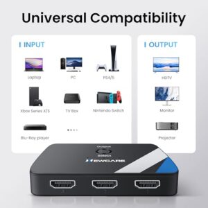 [Upgrade]NEWCARE HDMI Switch 3 in 1 Out, 4K@60Hz HDMI 2.0 Switch Splitter with 2.6FT HDMI Cable, 3-Port HDMI Switcher Selector, Supports 4K 30Hz 3D 1080P HDCP2.2 for PS5 Xbox DVD Player Fire Stick PC