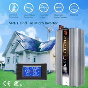 Marsrock 1000W Grid Tie Inverter, 20-50V DC to AC 110/120V Pure Sine Wave Inverter for 1000-1200W 24V, 30V, 36V PV Module or Wind Turbine (AC120V Silver)