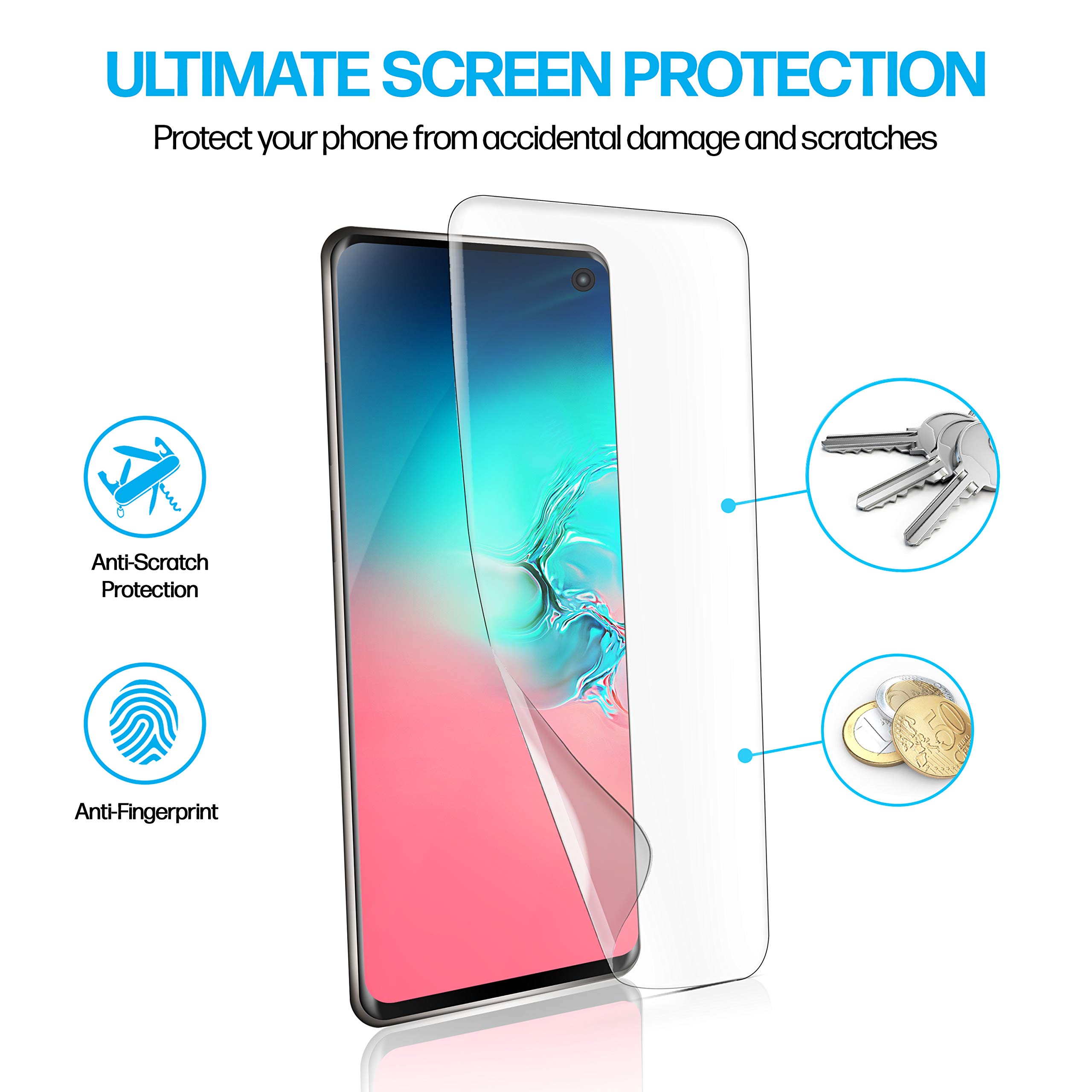 Power Theory Designed for Samsung Galaxy S10 Screen Protector [Not Glass], Easy Install Kit, Case Friendly, Full Cover, Flexible Film Anti Scratch, 2 Pack