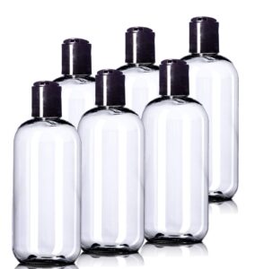 aromine 8oz plastic bottles (6 pack) bpa-free squeeze clear toiletries and shampoo containers with disc cap, labels included for travel
