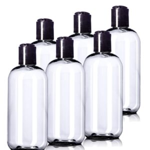 Aromine 8oz Plastic Bottles (6 Pack) BPA-Free Squeeze Clear Toiletries and Shampoo Containers with Disc Cap, Labels Included for Travel