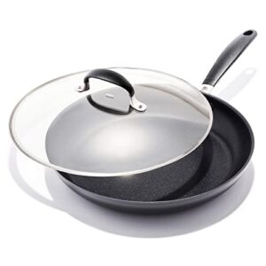 oxo good grips 12" frying pan skillet with lid, 3-layered german engineered nonstick coating, stainless steel handle with nonslip silicone, black