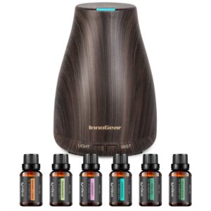 innogear essential oil diffuser with oils, 100ml aromatherapy diffuser with 6 essential oils set, aroma cool mist humidifier gift set, dark wood grain