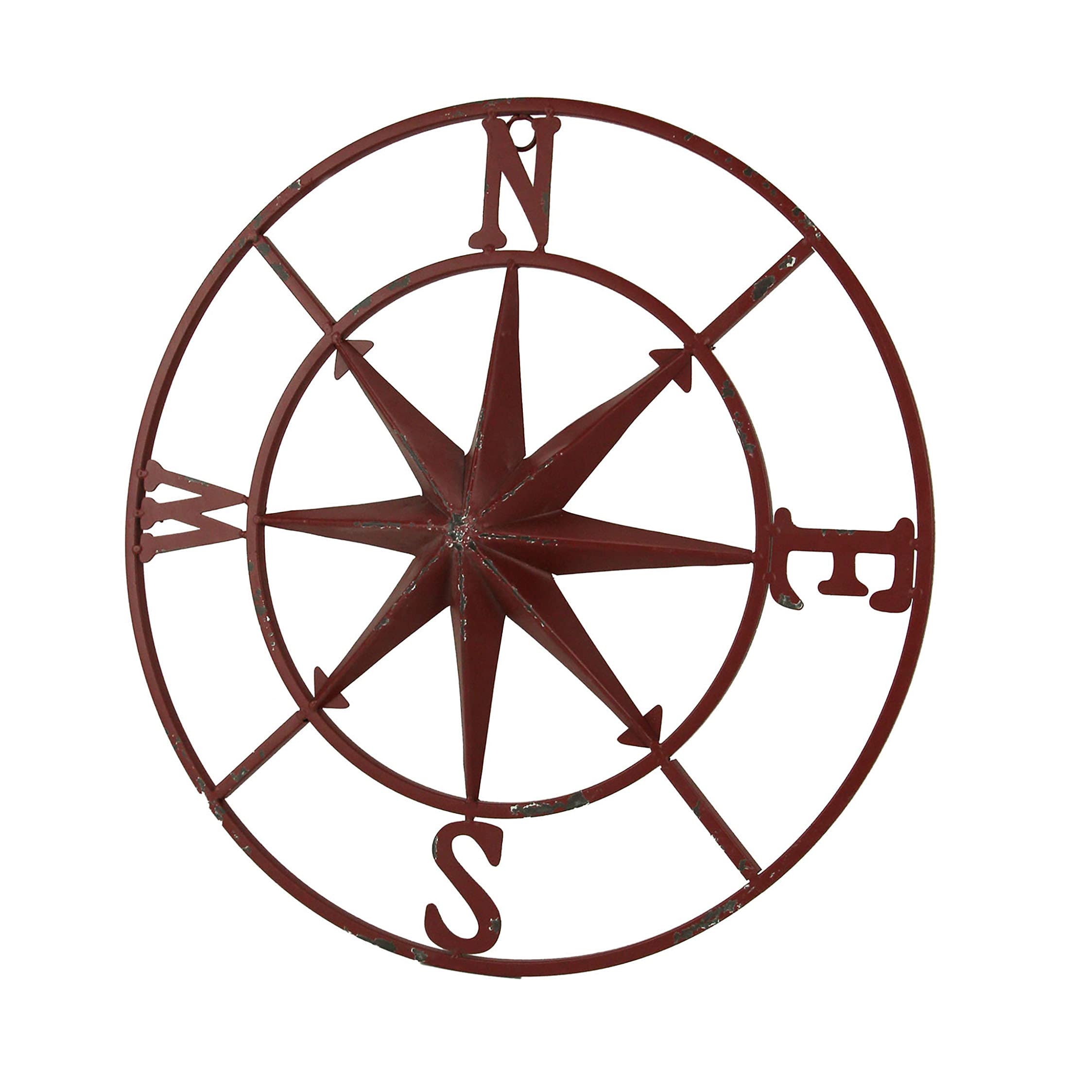 PD Home & Garden Distressed Metal Nautical Compass Rose Indoor/Outdoor Wall Hanging - Red