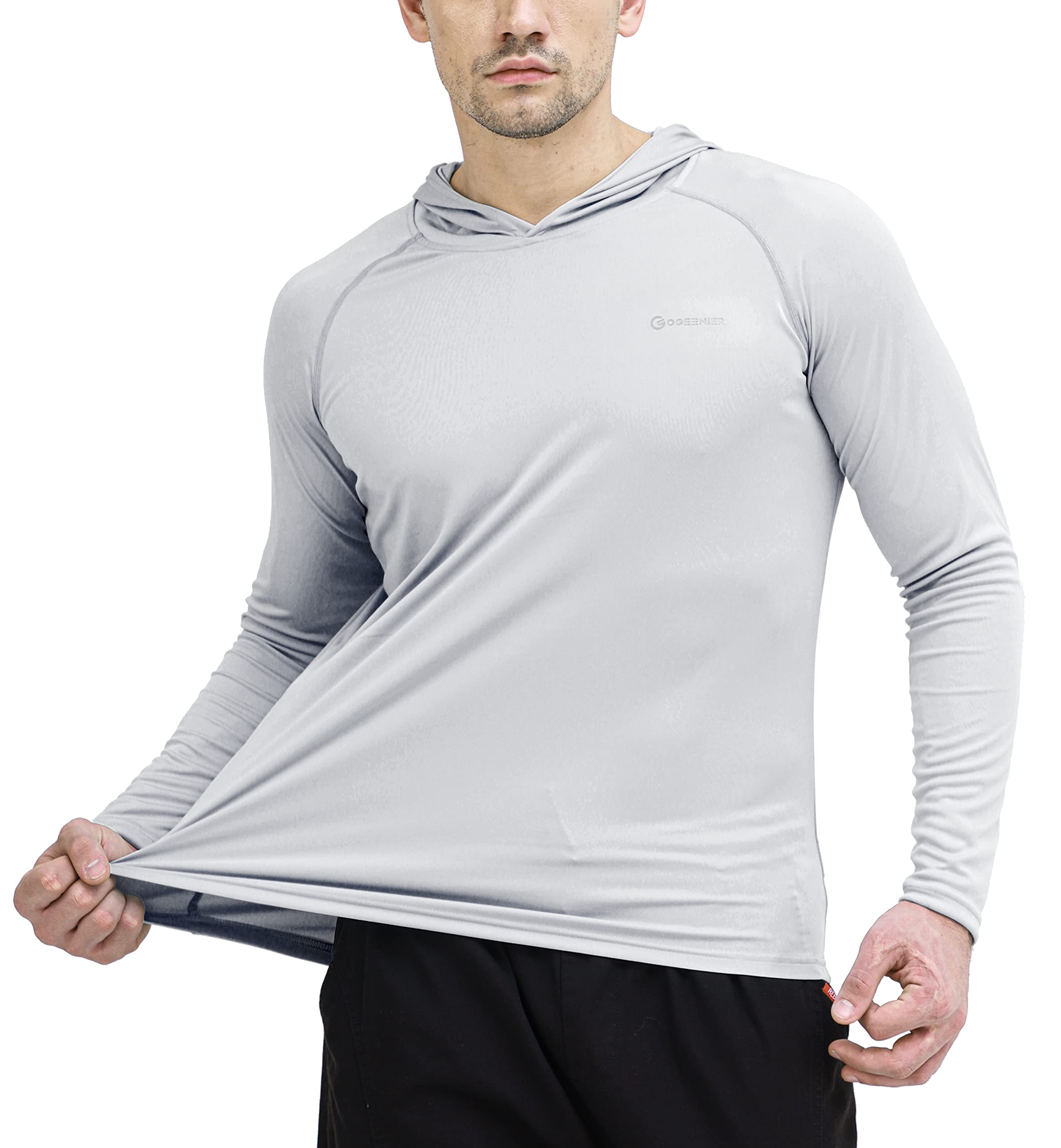 Men's UPF 50+ Sun Protection Hoodie Outdoor Long Sleeve T-Shirt for Running, Fishing, Hiking Grey