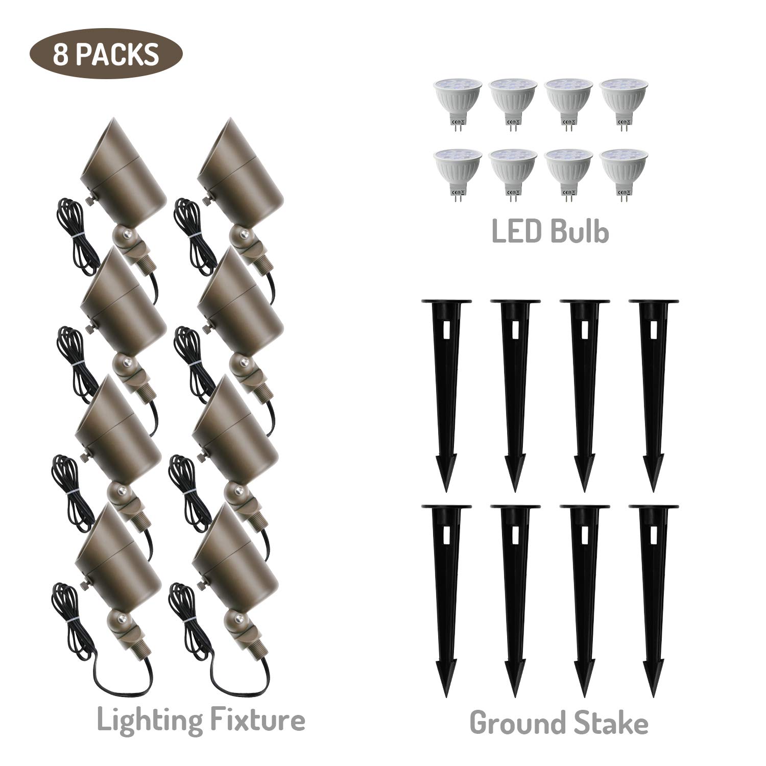 4W LED Landscape Lighting Low Voltage Landscape Lights Spotlights GL101-BZLED8 AC/DC 12V Warm White Waterproof for Driveway,Yard, Lawn,Patio,Walls,Trees,Flags,Outdoor Light (Bronze, 8 Pack)