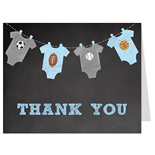 Sports Thank You Cards Baby Shower Soccer Football Baseball Soccer MVP Little Champ All Star Boys Birthday Party Appreciation Gratitude Thanks Folding Notes Blue It's A Boy Chalkboard (24 count)