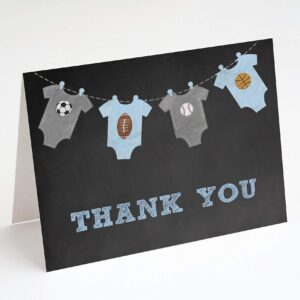 Sports Thank You Cards Baby Shower Soccer Football Baseball Soccer MVP Little Champ All Star Boys Birthday Party Appreciation Gratitude Thanks Folding Notes Blue It's A Boy Chalkboard (24 count)