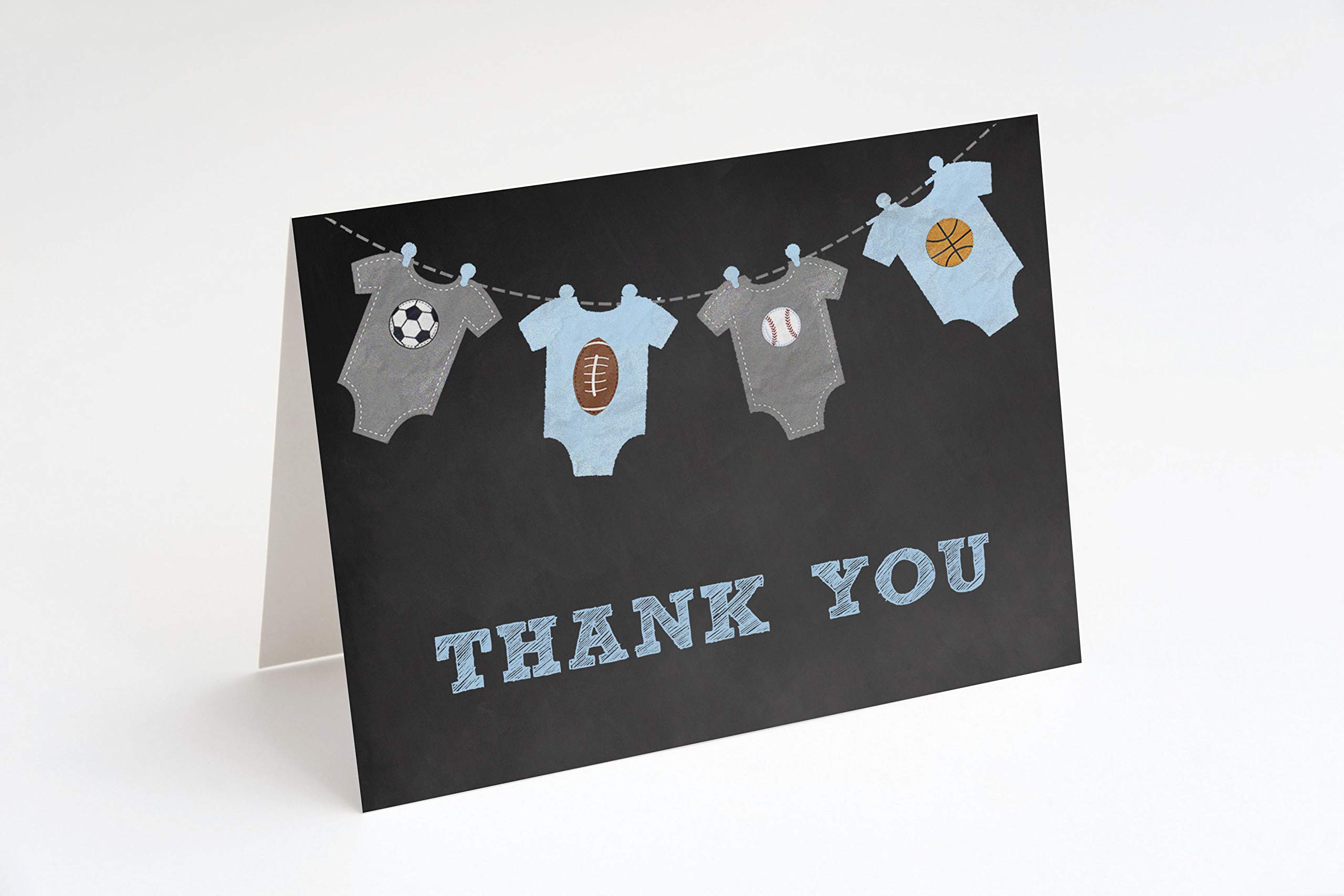 Sports Thank You Cards Baby Shower Soccer Football Baseball Soccer MVP Little Champ All Star Boys Birthday Party Appreciation Gratitude Thanks Folding Notes Blue It's A Boy Chalkboard (24 count)