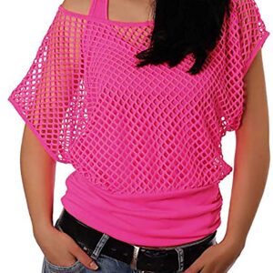 Smile Fish Women Casual Sexy 80s Costumes Fishnet Neon Off Shoulder T-Shirt (Hot Pink US 6-8/Tag Size M)