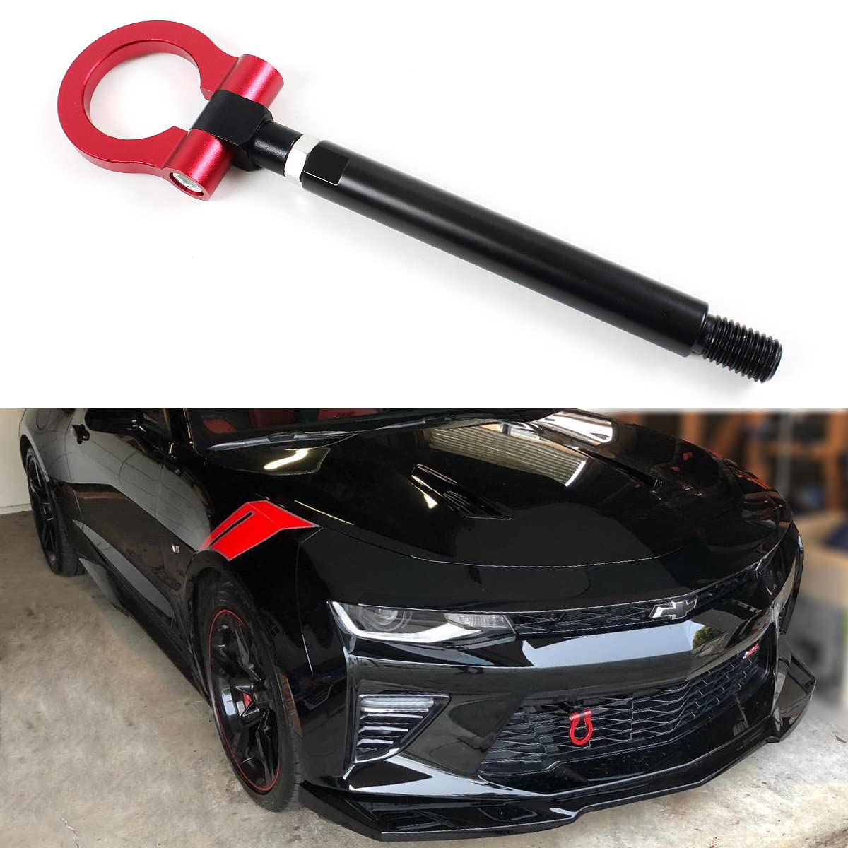 Cuztom Tuning Black Red Bumper Folding Ring Screw on Type Tow Hook Compatible with 2016-2020 Chevy Camaro LS LT SS ZL1