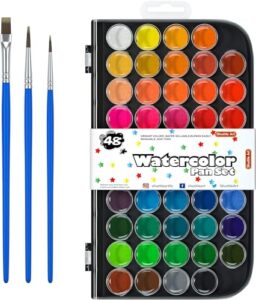 shuttle art watercolor paint set, 48 colors watercolor paint pan set with 3 paint brushes for beginners, artists, kids & adults to watercolor paint, bullet journal, calligraphy practice