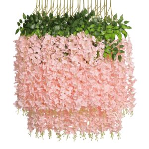 pauwer wisteria hanging flowers 24 pack fake flower garland artificial wisteria vines rattan silk flower string wedding party wall decorations,blush pink