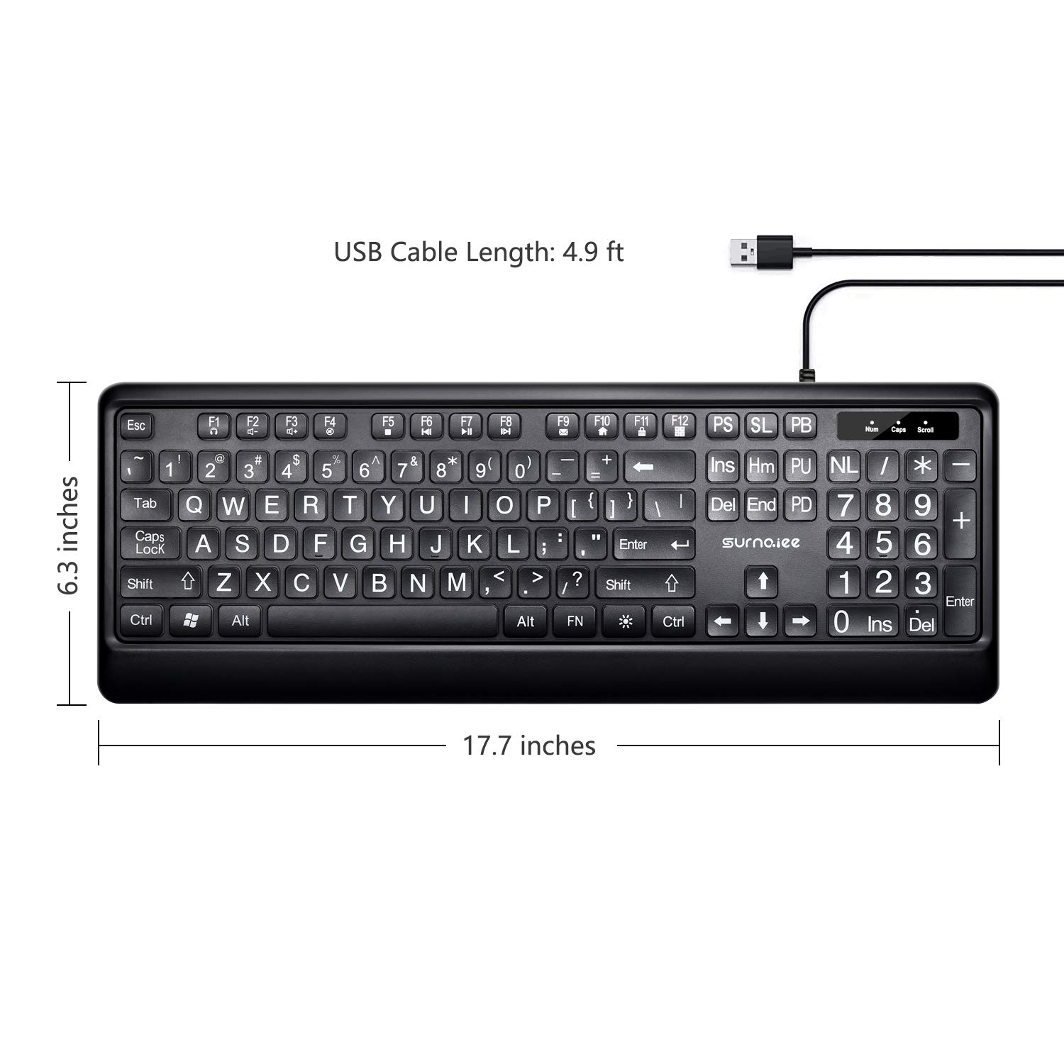 SurnQiee Large Letter Print Keyboard, 104 Keys Standard Full Size USB Wired White LED Backlit Computer Keyboard (KB612)