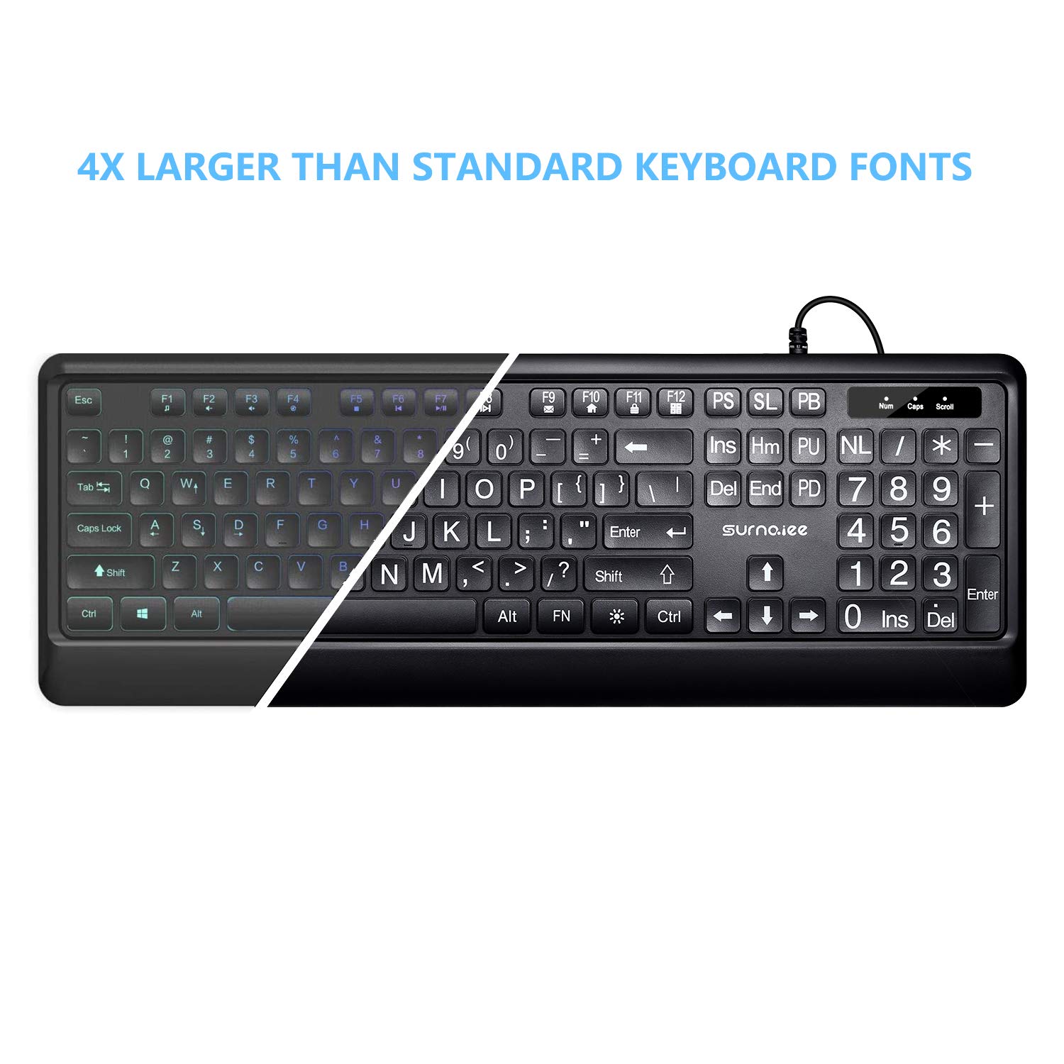 SurnQiee Large Letter Print Keyboard, 104 Keys Standard Full Size USB Wired White LED Backlit Computer Keyboard (KB612)