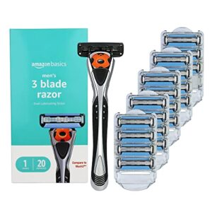 amazon basics 3-blade motion sphere razor for men with dual lubrication, handle & 20 cartridges, cartridges fit amazon basics razor handles only, 21 piece set, black (previously solimo)
