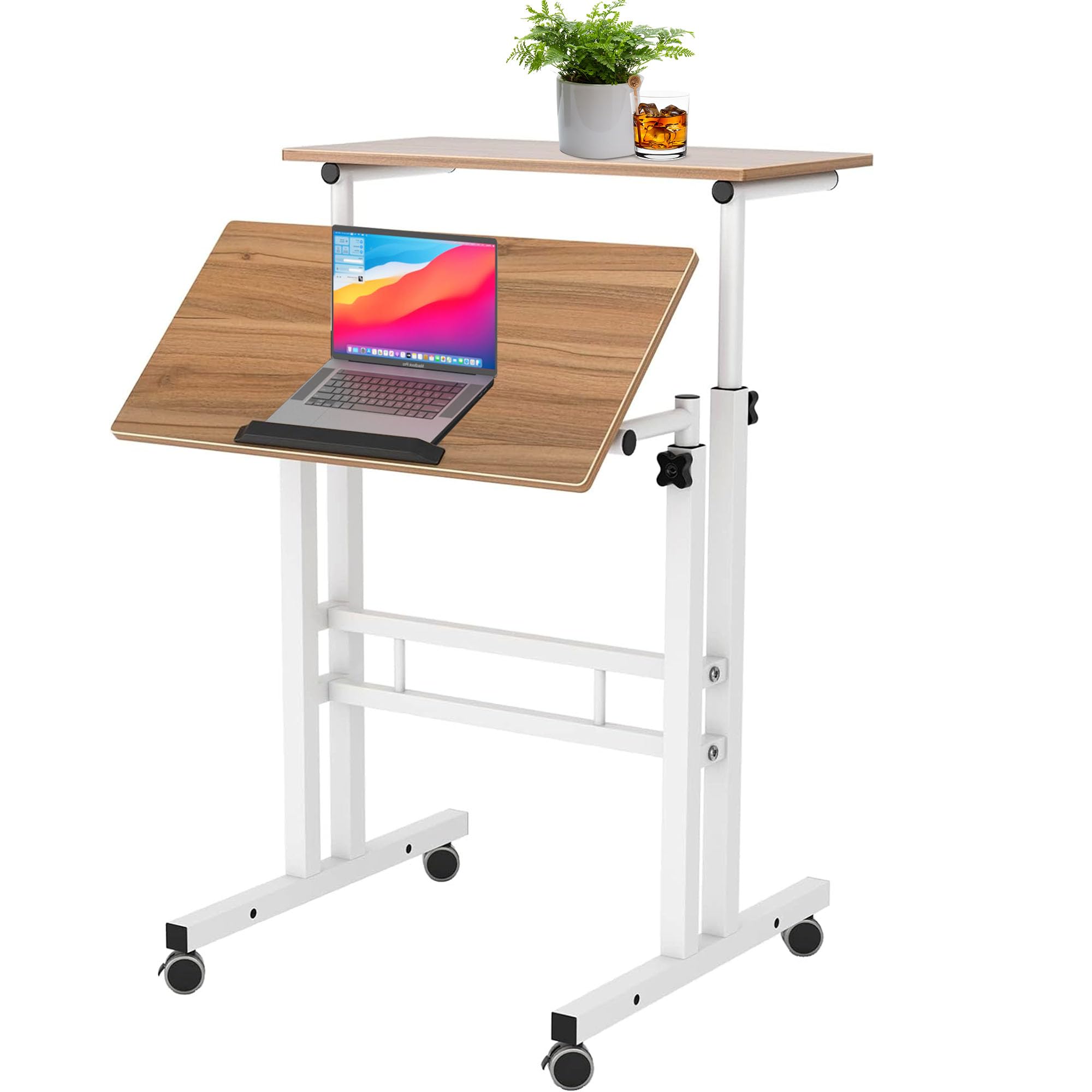 sogesfurniture Mobile Standing Desk Laptop Workstation on Wheels, Adjustable Computer Desk for Standing or Sitting, Oak 101-OK