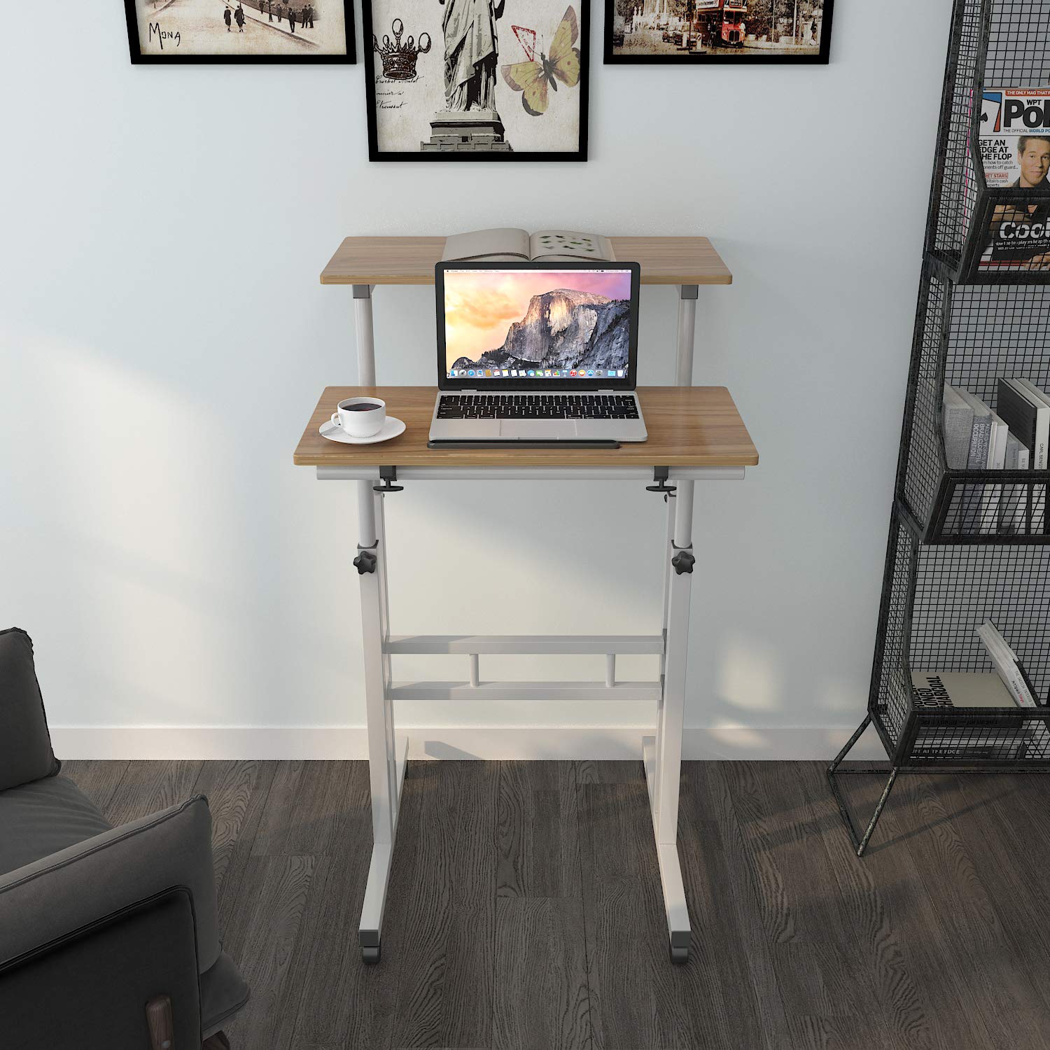 sogesfurniture Mobile Standing Desk Laptop Workstation on Wheels, Adjustable Computer Desk for Standing or Sitting, Oak 101-OK