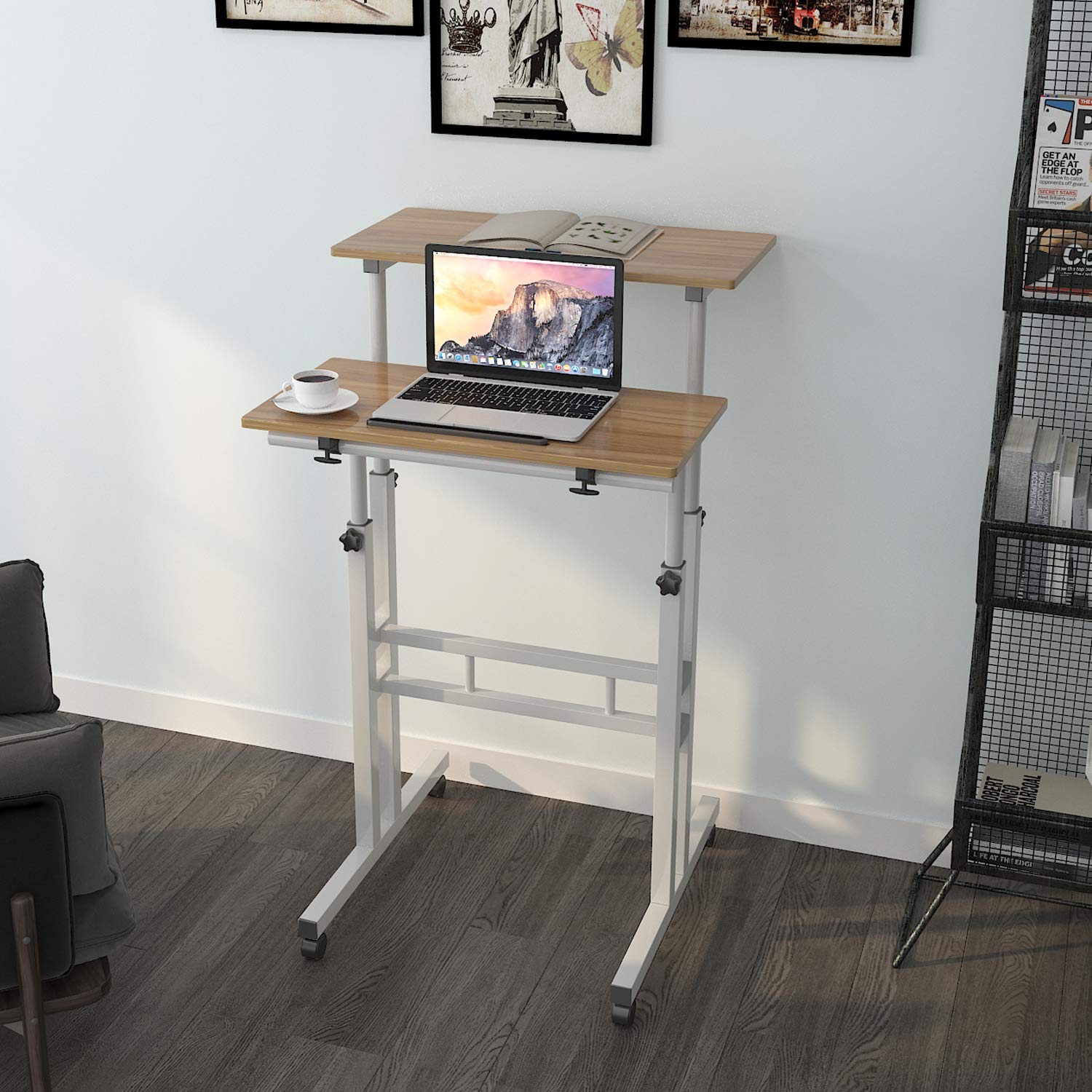 sogesfurniture Mobile Standing Desk Laptop Workstation on Wheels, Adjustable Computer Desk for Standing or Sitting, Oak 101-OK