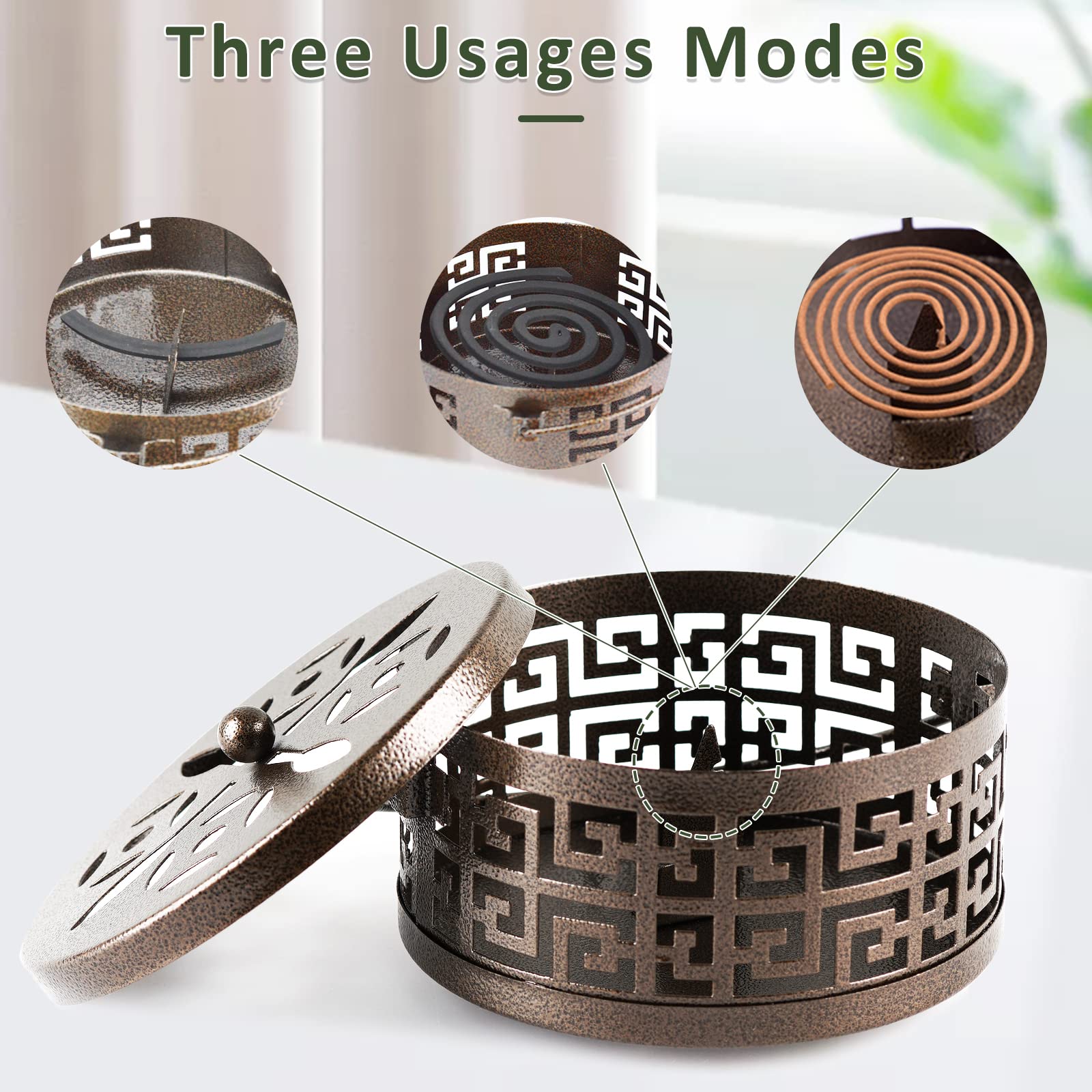 Whiidoom Metal Mosquito Coil Holder with Handle Portable Coil Incense Burner for Home Garden Decorate (Bronze)