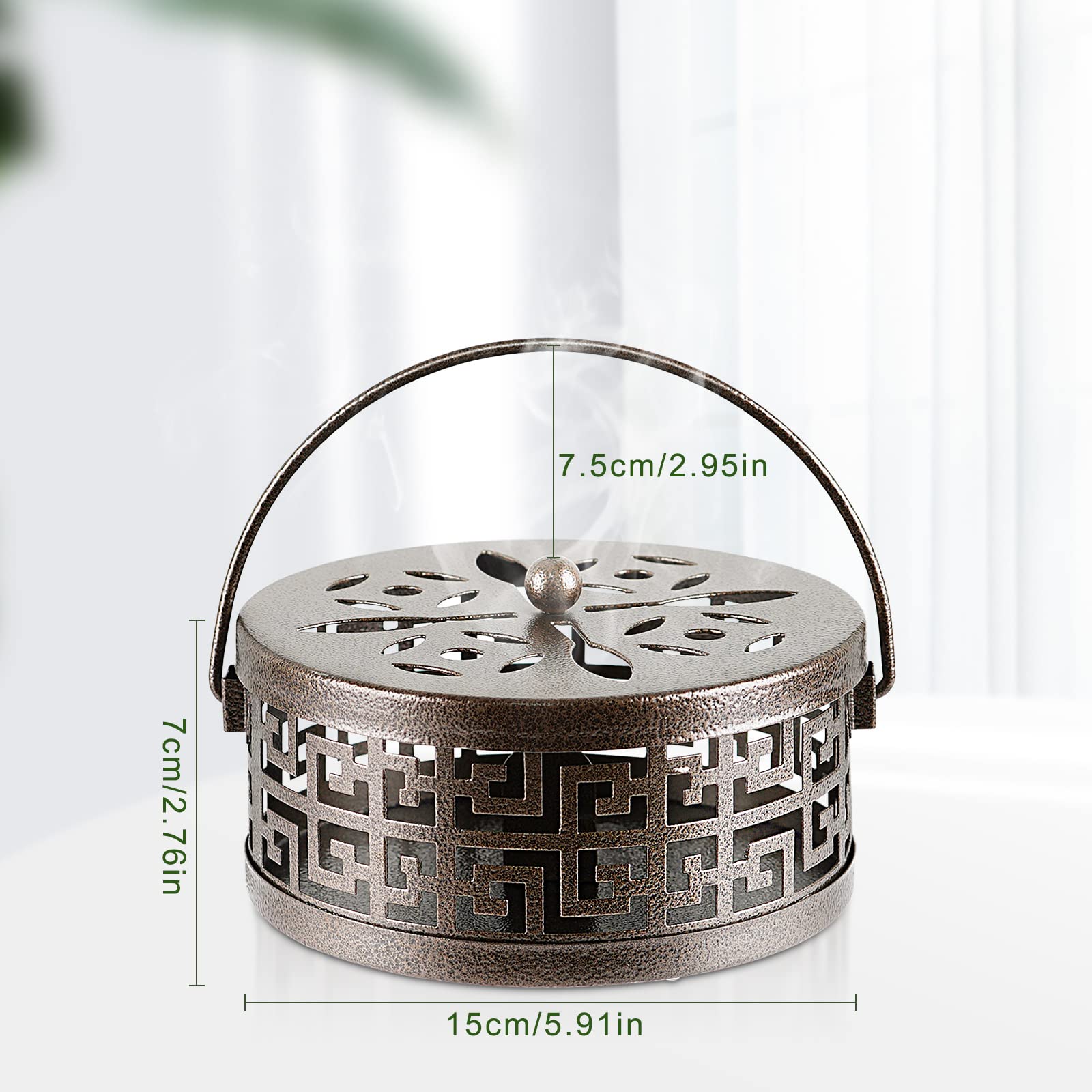 Whiidoom Metal Mosquito Coil Holder with Handle Portable Coil Incense Burner for Home Garden Decorate (Bronze)