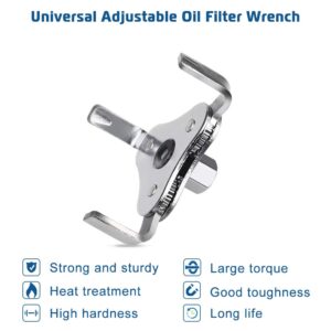 A ABIGAIL Universal Adjustable 3 Jaw Oil Filter Wrench Tool Best for Removing Motorcycles Cars Trucks & Heavy Duty Oil Filters Fits Diameters 2 1/8-4 1/2 Inches Fits ⅜ and ½ inch Drive