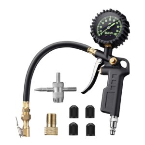 AstroAI Tire Pressure Gauge with Inflator, 100 PSI-ANSI B40.1 Accurate, Large 2.5" Easy Read Glow Dial, Heavy Duty Air Chuck and Compressor Accessories with Rubber Hose and Quick Connect Coupler