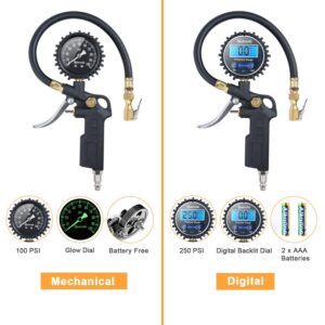 AstroAI Tire Pressure Gauge with Inflator, 100 PSI-ANSI B40.1 Accurate, Large 2.5" Easy Read Glow Dial, Heavy Duty Air Chuck and Compressor Accessories with Rubber Hose and Quick Connect Coupler