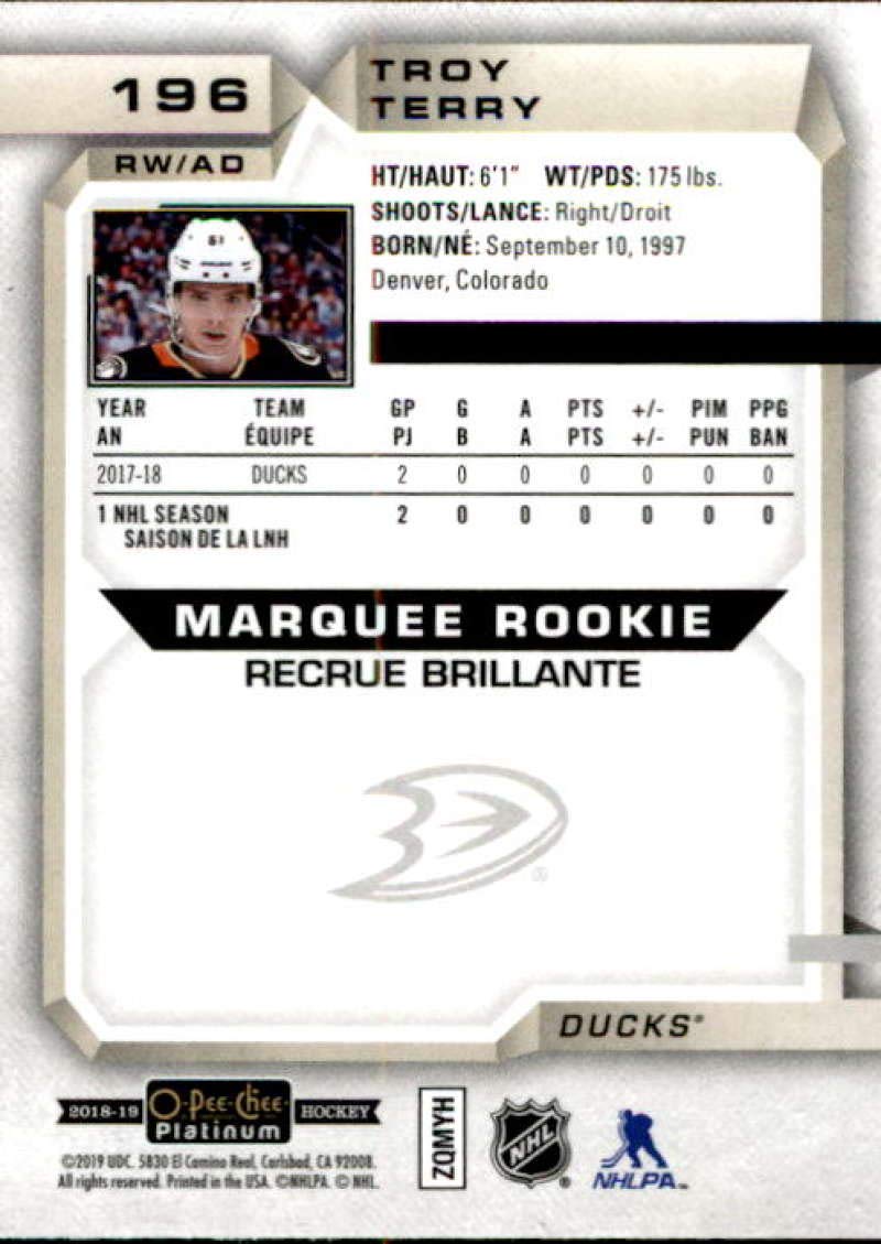 2018-19 O-Pee-Chee Platinum #196 Troy Terry RC Rookie Anaheim Ducks NHL Hockey Trading Card